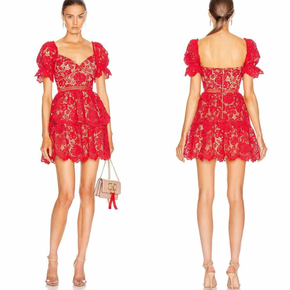 Self-Portrait Red Lace Tiered Mini Dress - Picture 4 of 12